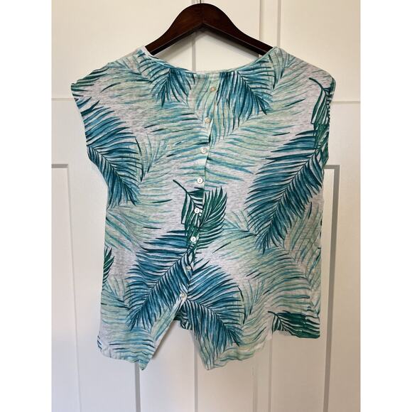 Tahari Women's Linen Top Medium Button Back Palm Leaves - Picture 2 of 6